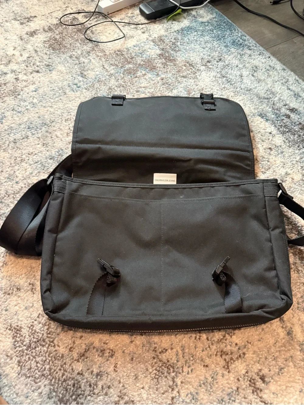 Calvin Klein Jeans Black Men's Messenger Bag with Shiny Logo Patch